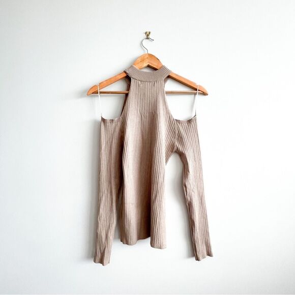 U2B Cold Shoulder Sweater Tan Ribbed Knit Long Sleeved Women's L - Picture 2 of 10